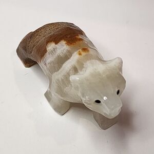 Vintage Onyx BEAR Carving MARBLE STONE CARVED white and brown